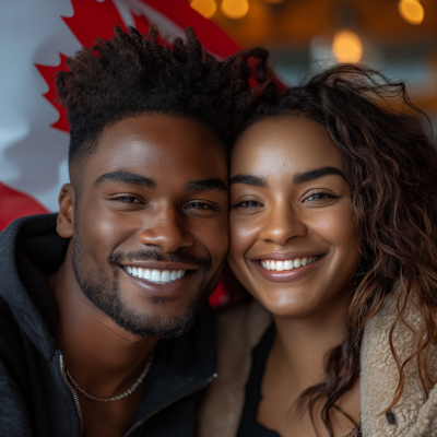 Satisfied Black African Couple with Canadian Flag