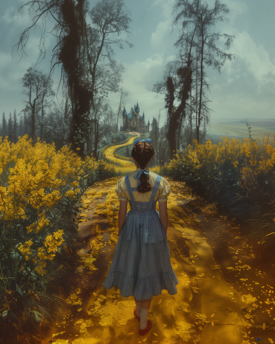 Girl in Blue Gingham Dress Walking Towards Castle