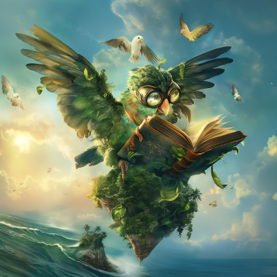 Fantastical Owl Reading a Book