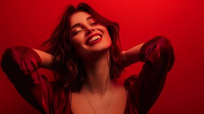 Smiley Woman on Dark Red Background
