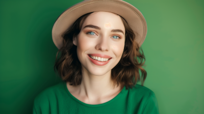 Smiley woman on green background