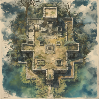 Illustrated Dungeon Map of Ancient Ruin in Swamp