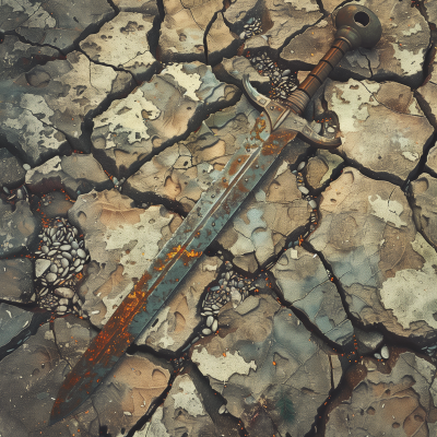 Abandoned rusty sword on cracked cobblestone