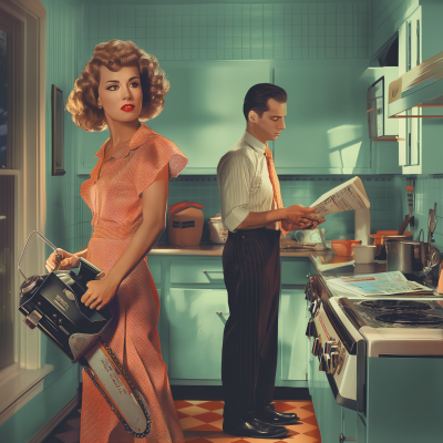 Housewife with Chainsaw in 1950s Kitchen