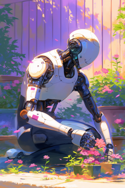 Smiling humanoid robot in the garden