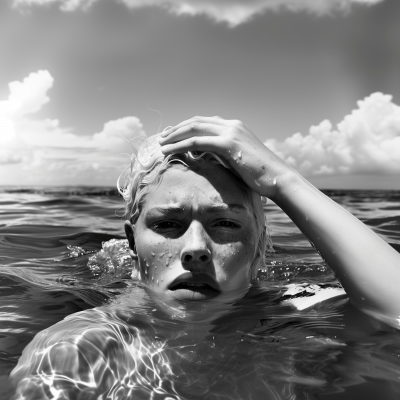 Black and White Portrait of Sadness in Ocean Summer Style
