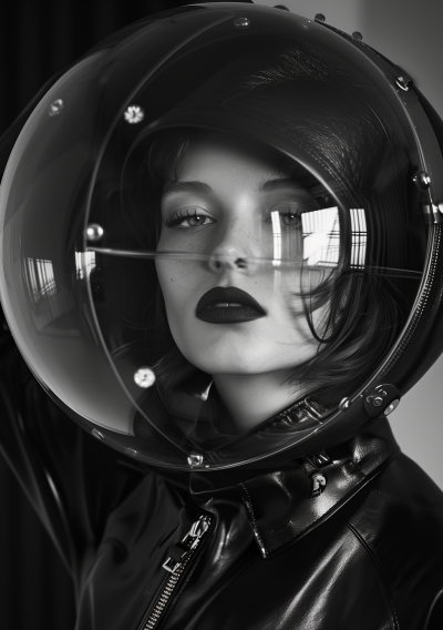 Black and White Model Portrait in Glass Helmet