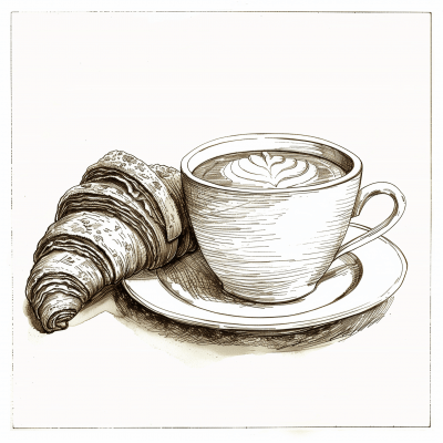 Minimalistic Engraving Print of Coffee and Croissant