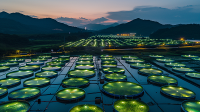 Aerial Algae Cultivation Pools at Dusk