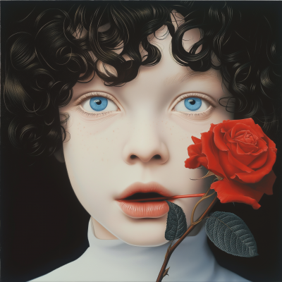 Albino Girl with Red Rose in Mouth