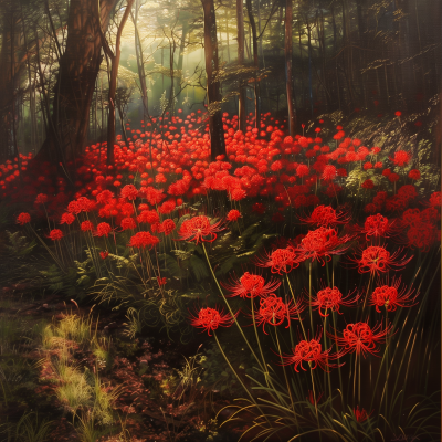 Red Spider Lilies in Shady Forest