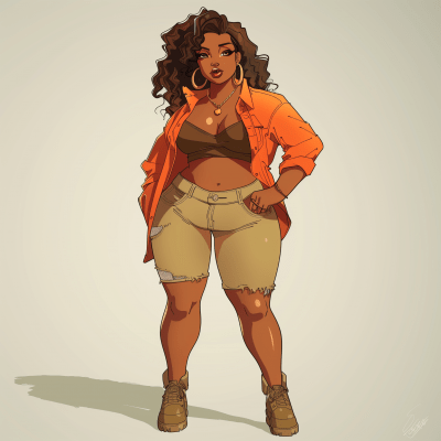 Confident Woman in Denim Shorts and Orange Jacket