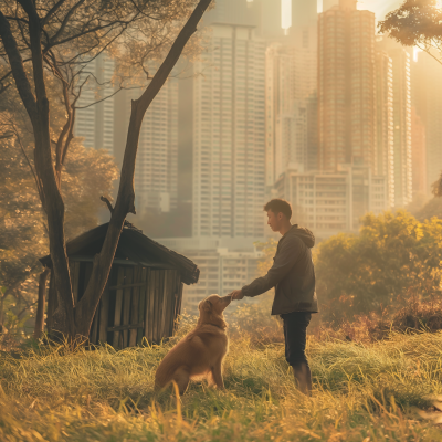 Man and dog enjoying spring in Hong Kong field