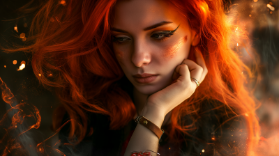 Fiery Red Hair Woman in Mystical Setting