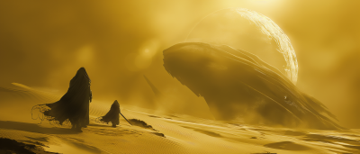 Surreal Desert Landscape with Alien Planet