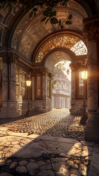 Sunlit Ornate Archway and Columns
