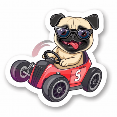 Cute Pug Driving Formula 1 Car Sticker