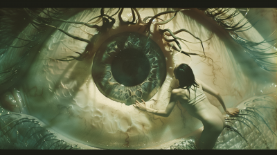 Woman climbing out of giant eye with tentacles