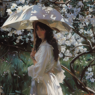 Woman with Umbrella in White Flower Garden