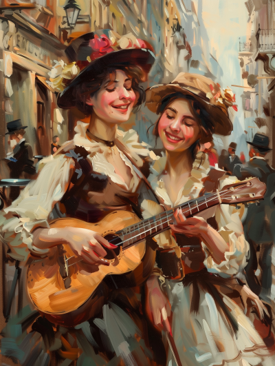 Victorian Women Playing the Ukulele in a London Thoroughfare