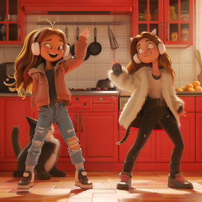 Girls Dancing in Red Kitchen Cupboard