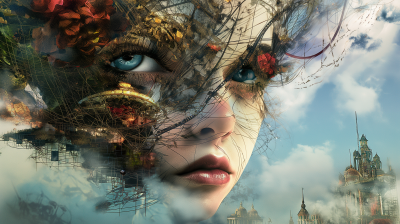 Surreal Woman Portrait with Cityscape and Floral Elements