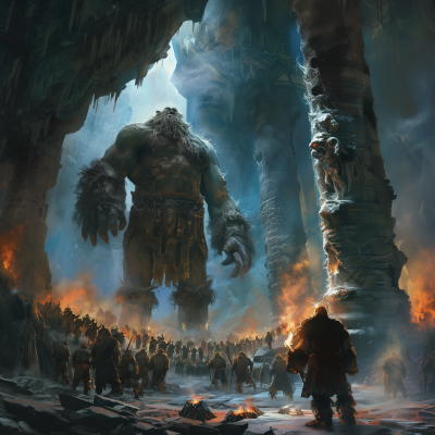 Frost Giant Rallying Small Goblins in Dark Cave