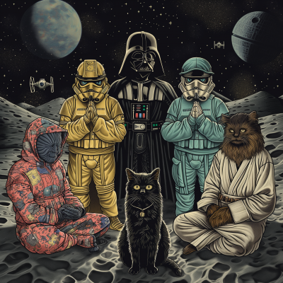 Star Wars Characters and Cat on Moon Surface