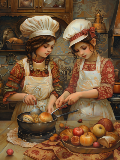 Sisters Cooking in Vintage Kitchen