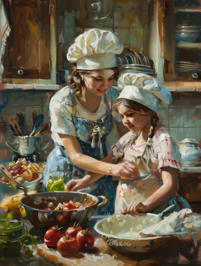 Mother and Daughter Cooking in Vintage Kitchen