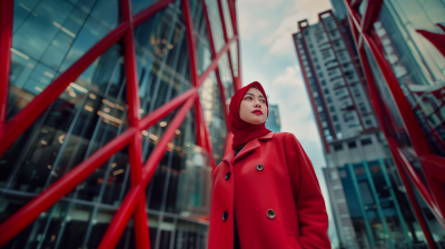 Malay Lady in Red Hijab and Stylish Coat