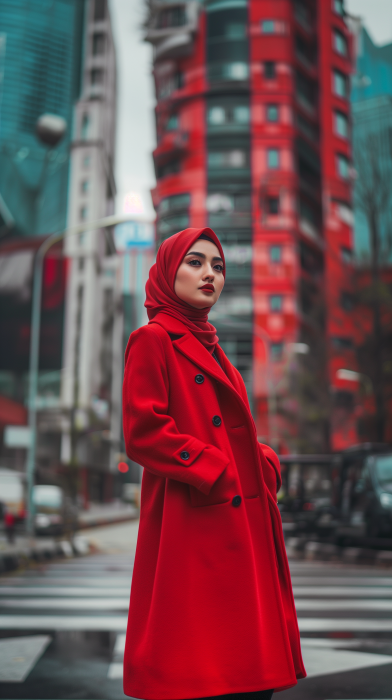 Malay Lady in Red Hijab and Modern Coat