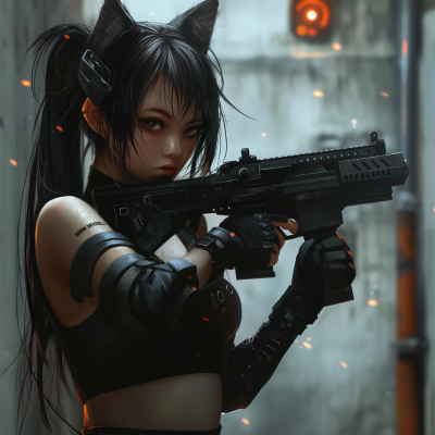Cyberpunk Cat Girl with Oversized Gun