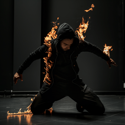 Man in hooded outfit surrounded by flames