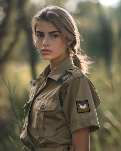 Focused Young Woman in Khaki Uniform