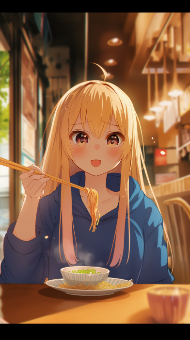 Blonde-haired character eating noodles in a cozy restaurant