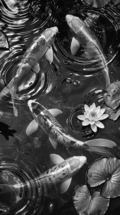 Koi fish in dark water with water lilies
