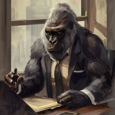 Contemplative Gorilla in Suit Writing at Desk