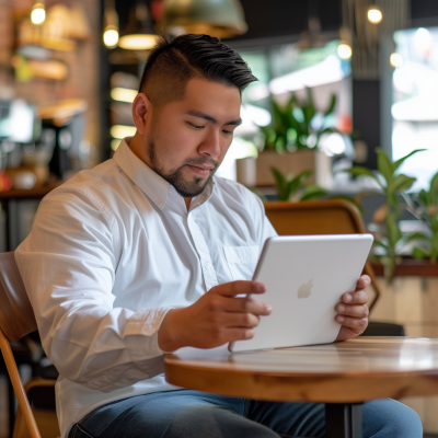 Man using tablet in cafe