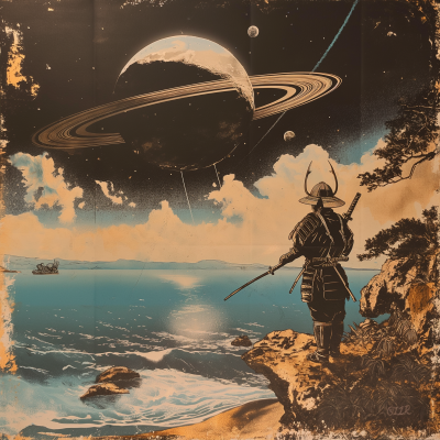 Samurai Spaceman on Moon Shore with Saturn in Sky