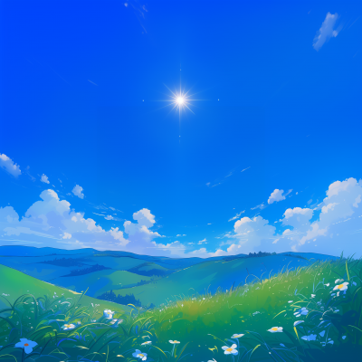Ghibli Style Bright Sun in Clear Blue Sky
