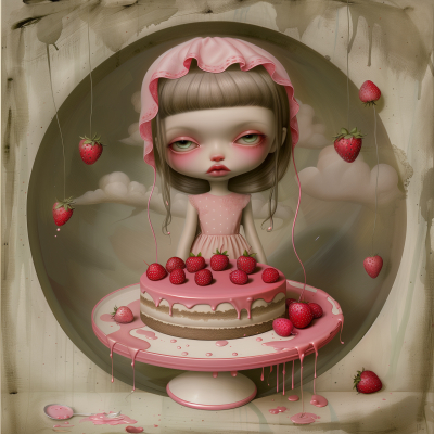Doll-like Girl Emerging from Strawberry Cake