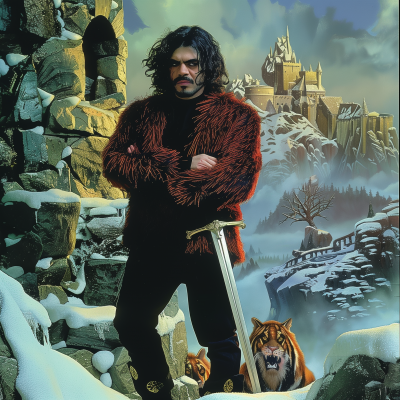 Fierce warrior with tigers at snowy castle