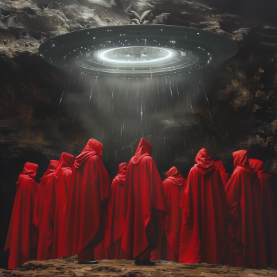 Men in Red Robes Holding a Ceremony Around UFO