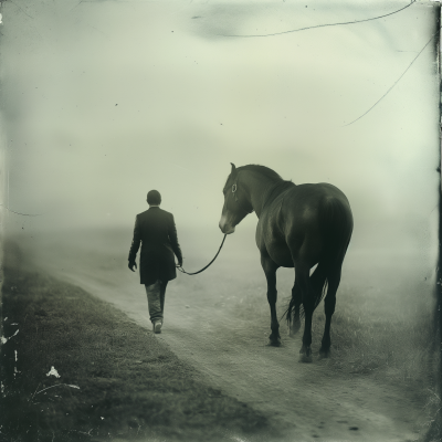 Misty Rural Path with Man and Horse