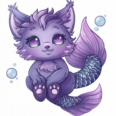 Cute Purple Cat-like Creature with Mermaid Tail