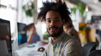 Smiling Afro American Man at Office Workstation