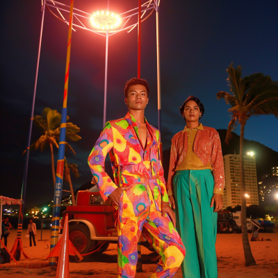 Colorful Fashion Models on Beach at Dusk