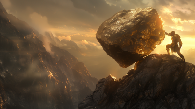 Warrior and glowing rock at mountain peak