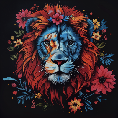 Lion Face Pop Art with Flowers
